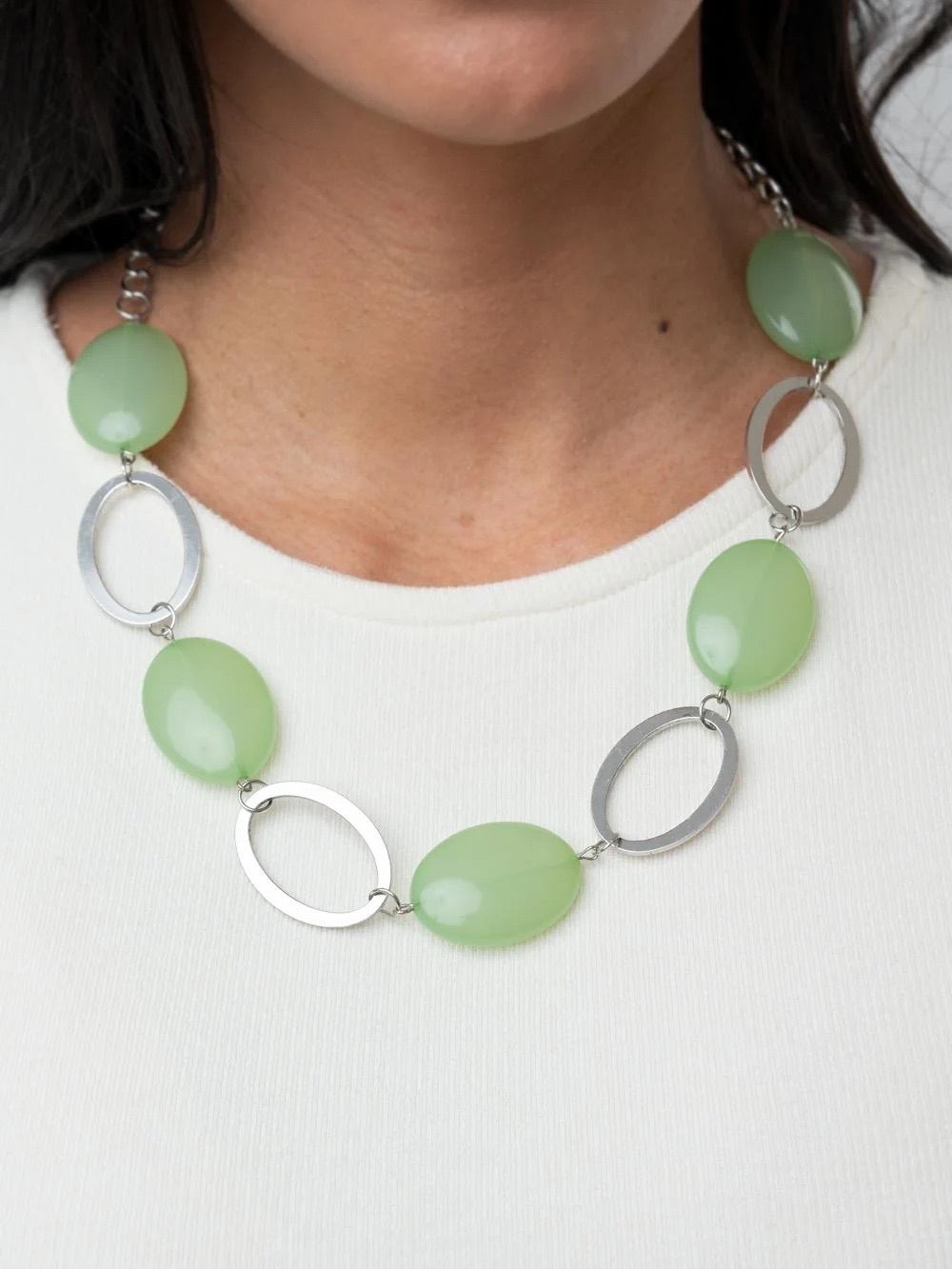 Paparazzi Beachside Boardwalk Green Bead Necklace and Earring Set - Silver Tone - Picture 2 of 4